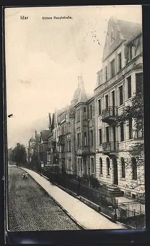 AK Idar, Untere Hauptstrasse aus der Vogelschau