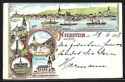 Lithographie Nierstein /Rhein, Marktplatz, Kriegerdenkmal, Ortspanorama mit Rheindampfern