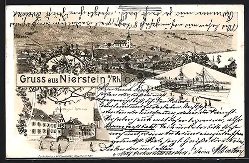 Lithographie Nierstein /Rhein, Marktplatz mit Rathaus, Gesamtansicht mit Umgebung, Schiffsanleger