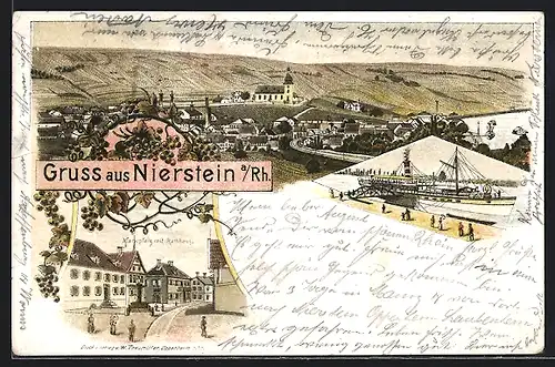 Lithographie Nierstein a. Rh., Marktplatz mit Rathaus, Dampfer