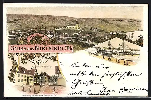Lithographie Nierstein /Rhein, Uferpromenade mit Schiffsanleger, Marktplatz mit Rathaus, Gesamtansicht