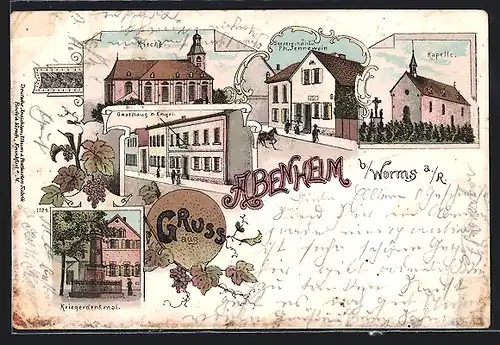 Lithographie Abenheim a. R., Gasthaus z. Engel, Kirche, Kapelle, Kriegerdenkmal, Weinreben