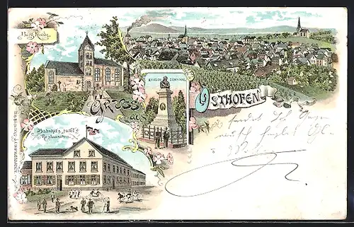 Lithographie Osthofen, Bahnhofs-Hotel mit Strasse, Berg Kirche, Gesamtansicht