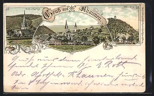 Lithographie Rhaunen, Kirche und Umgebung, Wartenberg, Gesamtansicht
