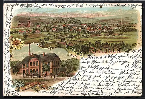 Lithographie Rhaunen, Molkerei mit Wagen, Gesamtansicht mit Umgebung