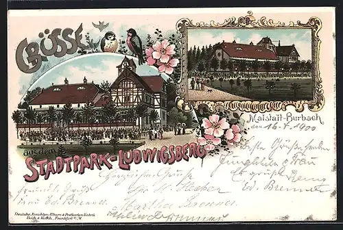 Lithographie Malstatt-Burbach, Stadtpark Ludwigsberg, Gasthaus mit Gästen und Strasse