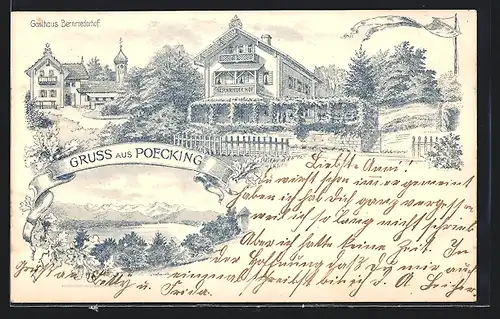 Lithographie Pöcking, Gasthaus Bernriederhof mit Kirche, See aus der Vogelschau