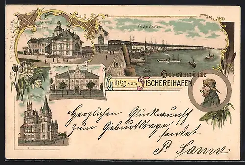 Lithographie Geestemünde, Seemannsheim, Fischereihafen mit Strasse, Landrathsamt
