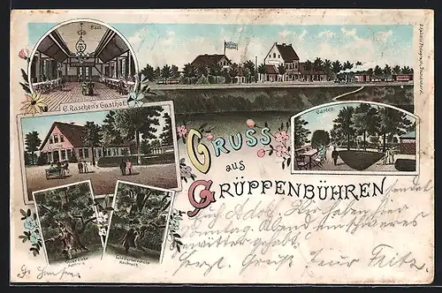 Lithographie Grüppenbühren, Raschens Gasthof mit Garten und Saal, Dicke Eiche Hasbruch