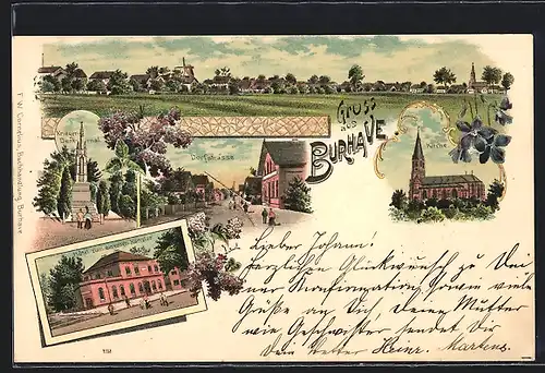 Lithographie Burhave, Hotel zum eisernen Kanzler, Dorfstrasse, Ortspanorama