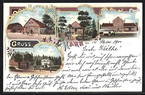 Lithographie Hahn, Bahnhof, Gasthof Hahner Hof, Gut Hahn