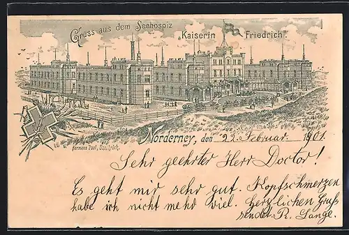 Lithographie Norderney, Seehospiz Kaiserin Friedrich mit Umgebung aus der Vogelschau, Kreuz mit Anker