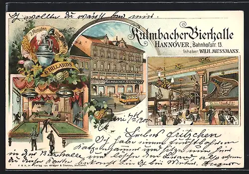 Lithographie Hannover, Kulmbacher Bierhalle, Inh.: Wilh. Mussmann, Bahnhofstrasse 13