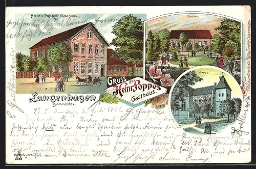 Lithographie Langenhagen, Heinr. Poppes Gasthaus, Garten, Kirche