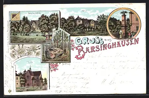 Lithographie Barsinghausen, Berg-Inspection, Kirche, Alte Taufe, Kloster
