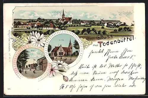 Lithographie Todenbüttel, Post, Kirche, Gesamtansicht mit Umgebung