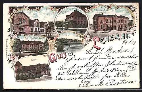 Lithographie Lensahn, Bahnhofs-Hotel, Schloss Lüdenstein, Schloss Lensahn