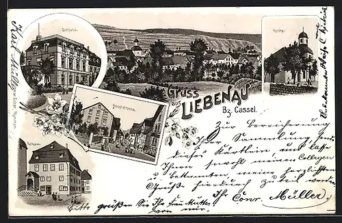 Lithographie Liebenau, Hauptstrasse, Schloss, Kirche, Rathaus