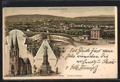 Lithographie Flonheim, Bahnhof, Kriegerdenkmal, Evang. Kirche