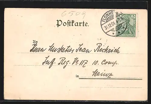 Lithographie Flonheim, Bahnhof, Kriegerdenkmal, Evang. Kirche