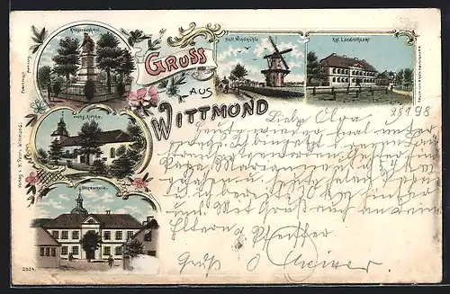 Lithographie Wittmund, Landrathsamt, Windmühle, Kriegerdenkmal