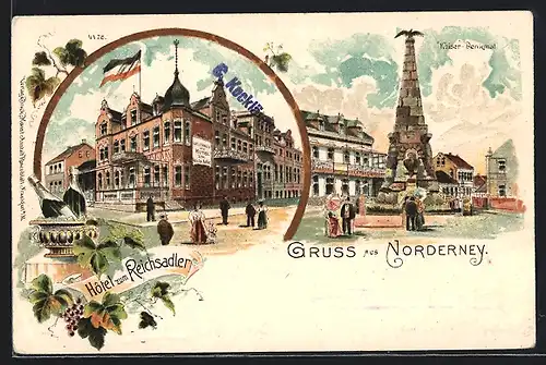Lithographie Norderney, Hotel zum Reichsadler mit Strasse, Kaiser-Denkmal