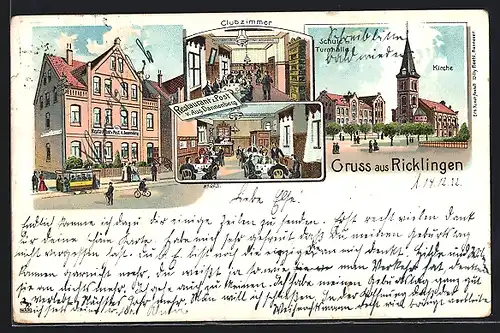 Lithographie Ricklingen, Restaurant zur Post A. Dannenberg mit Strassenbahn u. Clubzimmer, Schule m. Turnhalle u. Kirche