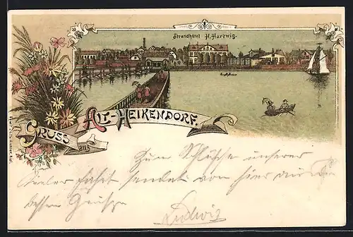 Lithographie Heikendorf, Strandhôtel H. Hartiwg mit Booten