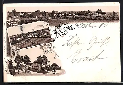 Lithographie Kaköhl, Gasthaus mit Umgebung, Ortspartie, Totalansicht