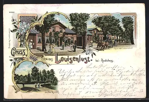 Lithographie Rendsburg, Gasthaus Louisenlust mit Strasse und Kutsche, Garten