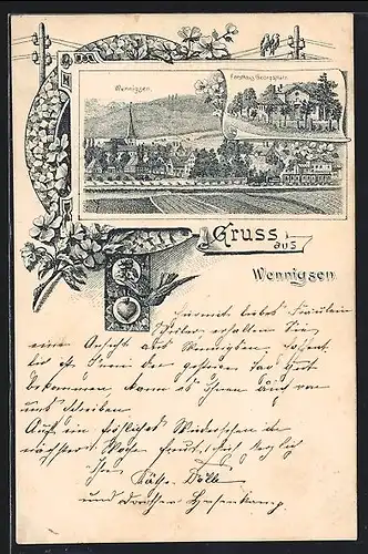 Lithographie Wennigsen, Forsthaus Georgsplatz, Ortsansicht mit Feldern u. Eisenbahn