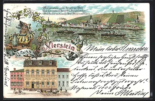 Lithographie Nierstein, Hotel zur Krone von Georg Schuch, Ortsansicht vom Rhein aus