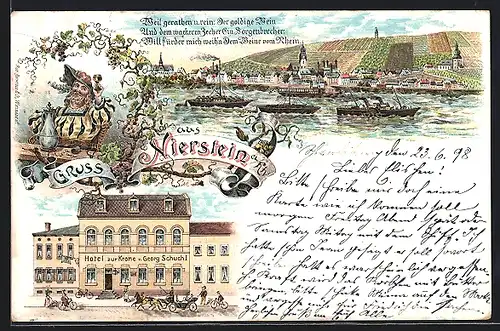 Lithographie Nierstein, Hotel zur Krone von Georg Schuch, Ortsansicht vom Rhein her