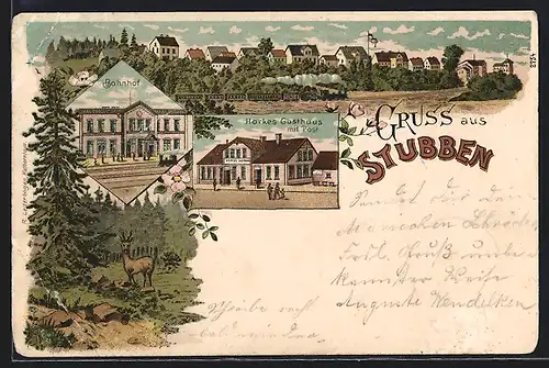 Lithographie Stubben, Bahnhof, Harkes Gasthaus mit Post