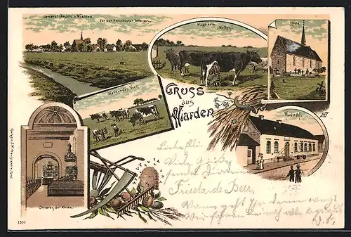 Lithographie Wiarden / Wangerland, Gasthaus Wiarder Hof, Kirche, Magd beim Melken