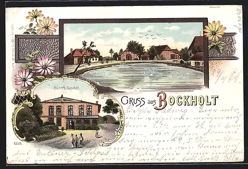 Lithographie Bockholt, Rürers Gasthof, Ortspartie am Dorfweiher