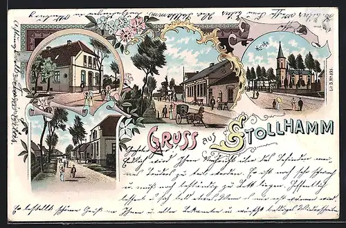 Lithographie Stollhamm, Kirche, Strassenansichten aus dem Ort