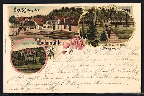 Lithographie Nörten, Rodemühle, Gasthaus zum Rodethal, Schloss Löseck