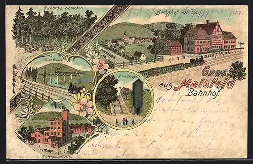 Lithographie Malsfeld, Bahnhof, Rittergutsbrauerei, Hohe Treppe