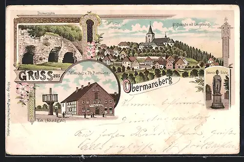 Lithographie Obermarsberg, Gasthaus von Ph. Bartholome, Drakenhöhle, Rolands-Säule