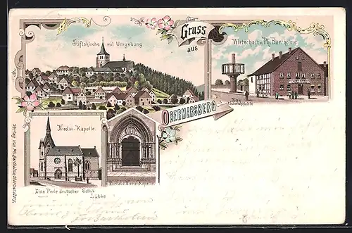 Lithographie Obermarsberg, Gasthaus von Ph. Bartholome, Nicolai-Kapelle, Ortsansicht