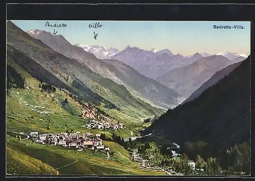 AK Bedretto-Villa, Ortsansicht aus der Vogelschau in Flusstal
