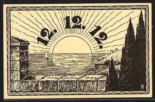 AK Grusskarte vom 12.12.1912, Sonnenaufgang, Datumsstempel