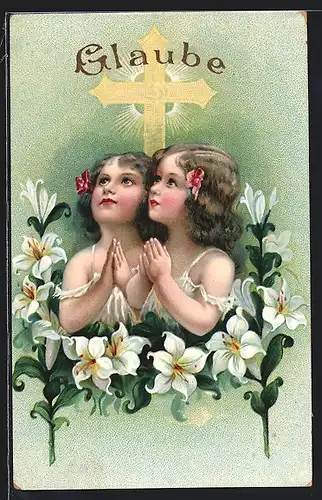 Lithographie Zwei junge Mädchen beten zwischen Lilien, Allegorie des Glaubens
