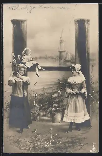 AK Buchstabe H, Frauen in holländischer Tracht, Windmühle