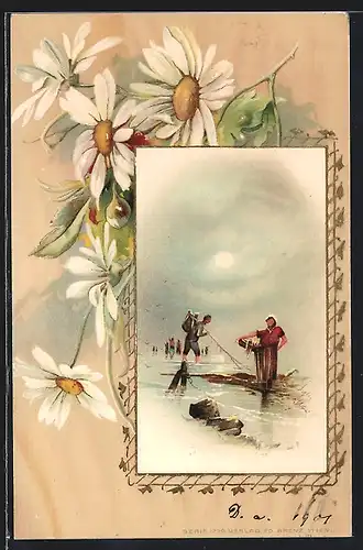 Lithographie Fischer am Strand bei Vollmond