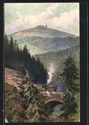 Künstler-AK Thale /Harz, Brocken-Hotel und Bergbahn