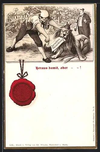 Lithographie Heraus damit, oder...!, Deutscher Michel und Löwe mit Sprachverordnung im Maul