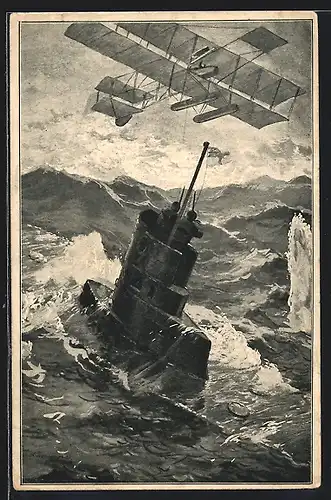 Künstler-AK Robert Kämmerer: Kampf zwischen Flugzeug und U-Boot