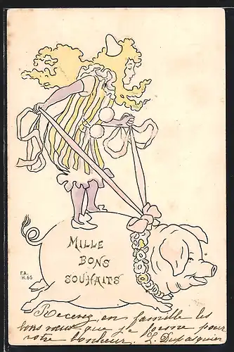 Künstler-AK Frau mit blondem Haar reitet auf einem Schwein ins neue Jahr, Jugendstil